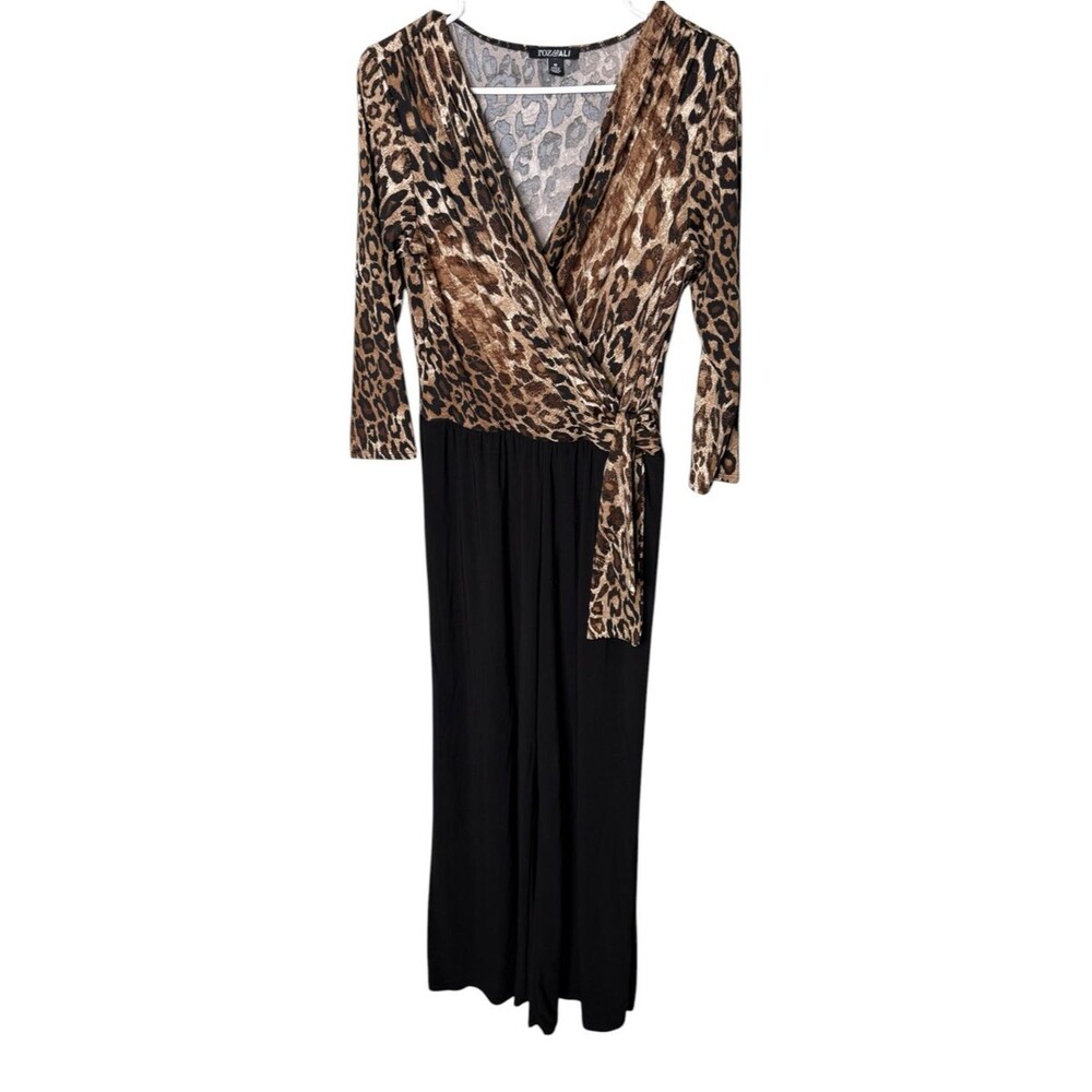 Roz & Ali Women’s M Animal Print Wrap Front Jumpsuit Black Long Sleeve